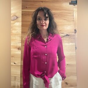 Theory Silk Fuchsia Button-Down Shirt with Front Tie Size M